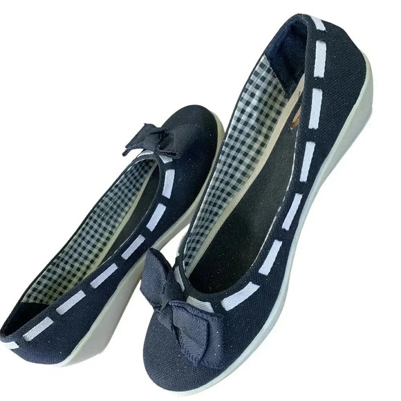 Dr. Scholl's Canvas Bow Tie Low Wedge Pump Slip On Shoes Size 10M Blue Glitters - Picture 2 of 16
